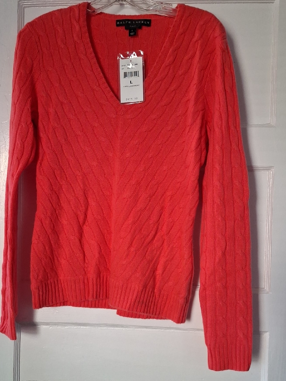 Ralph Lauren Coral Cable-Knit V-Neck Sweater